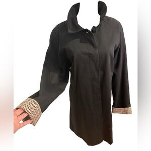 80s JG HOOK BLACK RAINCOAT RELAXED FIT COTTON BLEND W PLAID LINING & CUFFS SZ 10